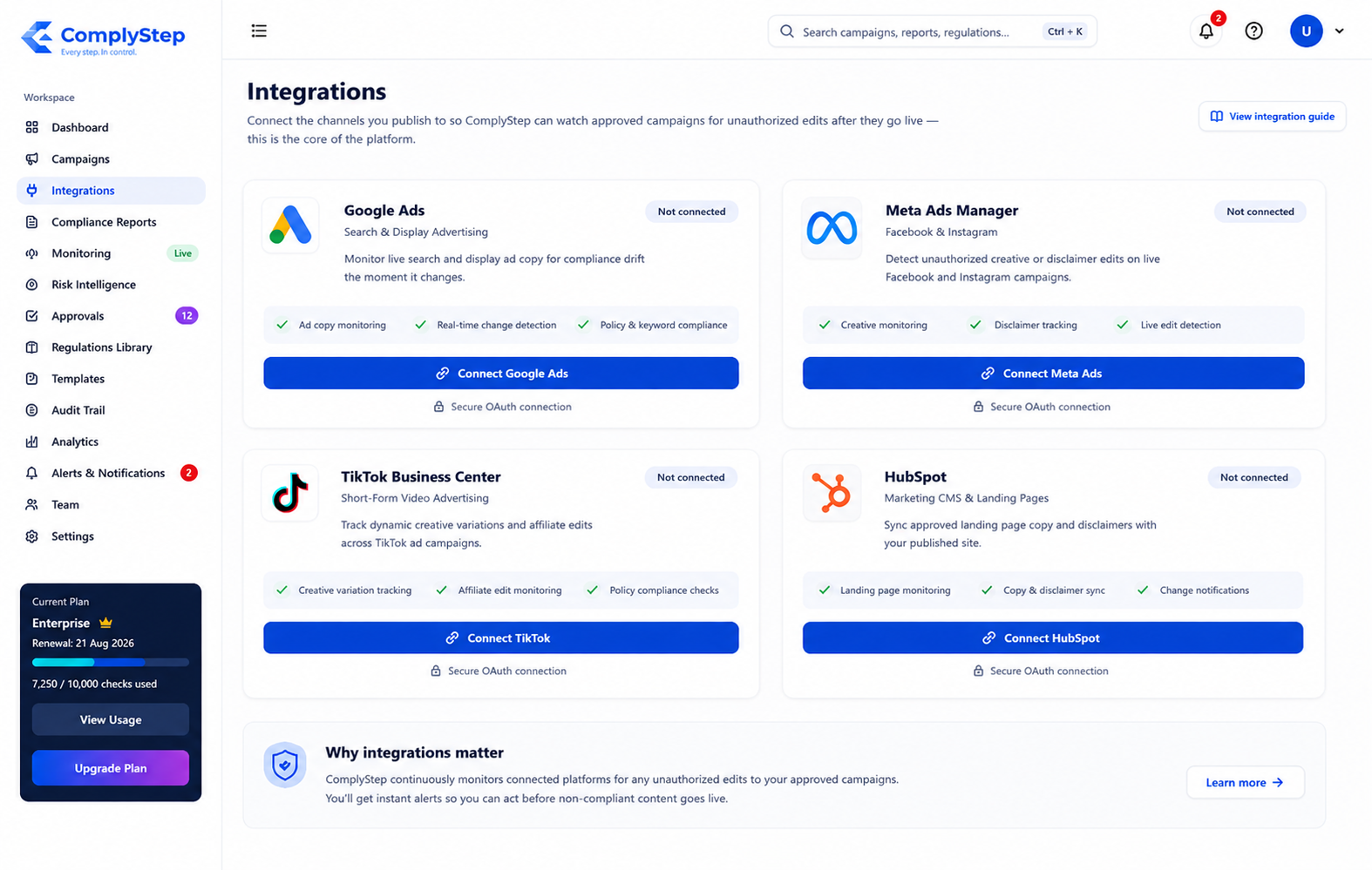 ComplyStep integrations screen